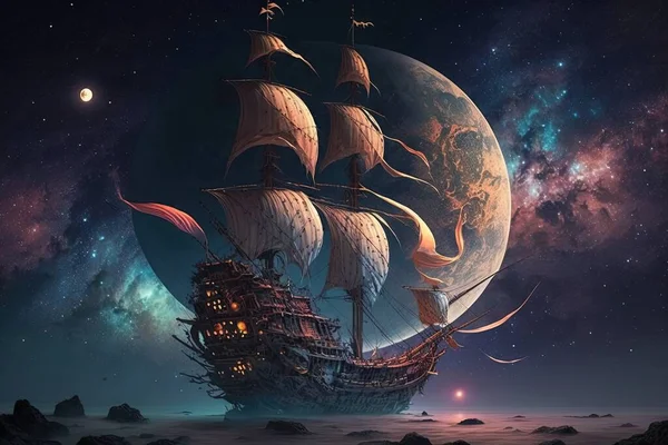 a painting of a ship floating in the ocean at night.