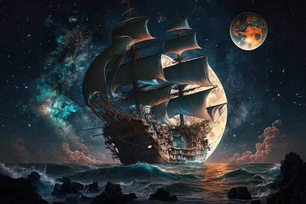 a ship sailing in the ocean with a full moon in the background.