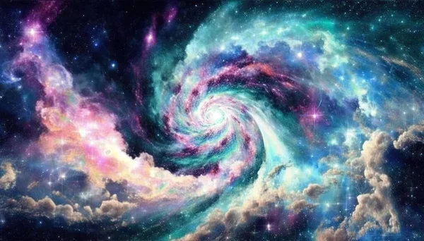 a painting of a spiral galaxy with stars and clouds in the background.