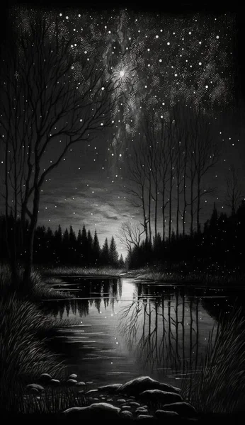 a painting of a night sky with stars above a lake.