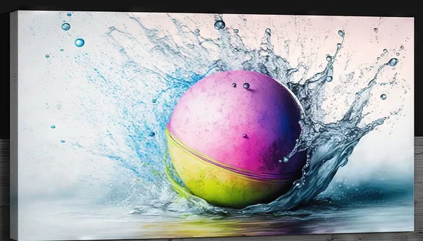 a colorful egg splashing in water on a white background.