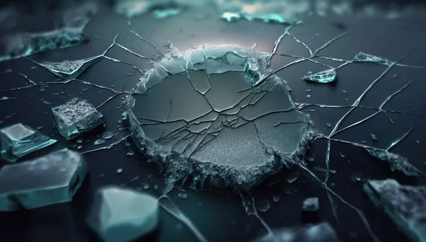 a cracked glass surface with ice cubes on the ground.