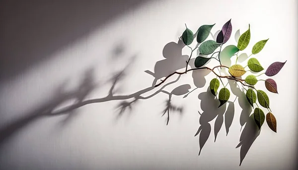 a shadow of a branch with leaves on a white wall.