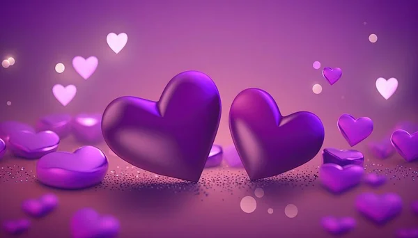 two purple hearts are surrounded by hearts scattered on the ground.