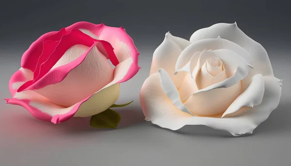 two white and pink roses on a gray background, one with a pink center.