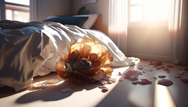 a flower is laying on the floor of a bedroom with sunlight coming through the window.