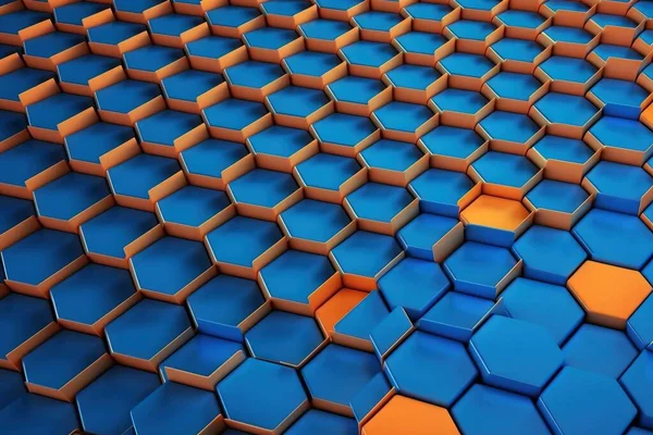 a blue and orange abstract background with hexagonal tiles in the center of the image and a yellow center in the middle of the image.