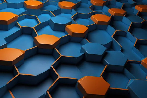 a bunch of blue and orange hexagonals are arranged in a pattern on a blue surface with orange edges and a black edge.