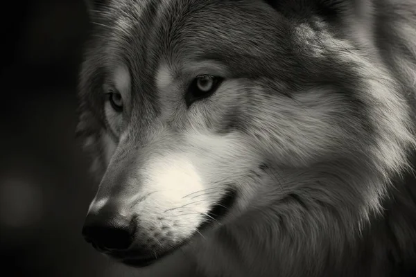 a black and white photo of a wolf\'s face with a blurry back ground and the wolf\'s eyes are slightly open.
