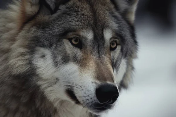 a close up of a wolf\'s face with a blurry background and a blurry background to the left of the wolf\'s face.