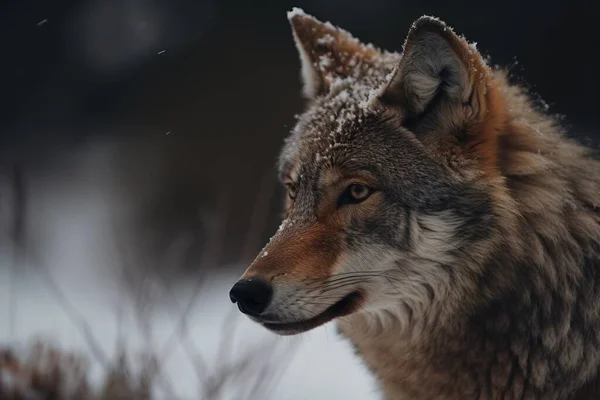a close up of a wolf with snow on its face and head, looking at the camera, with a blurry background of trees and snow on the ground.