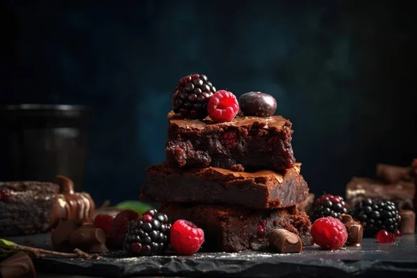 a stack of brownies with raspberries and chocolate on top of them on a table next to a cup of coffee and a spoon.