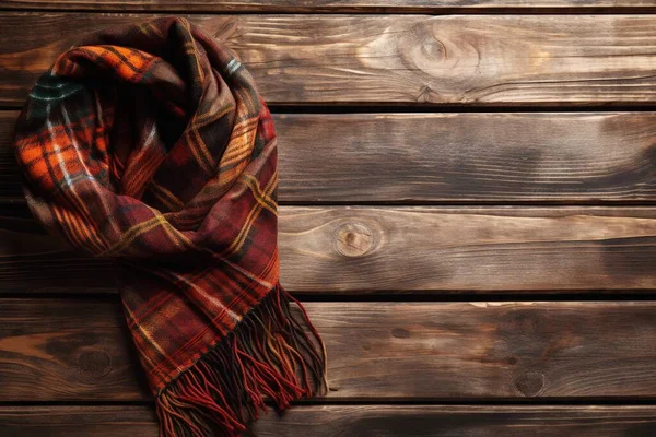 a plaid scarf hanging on a wooden wall next to a wooden planked wall with planks in the background and a wood planked wall behind it.