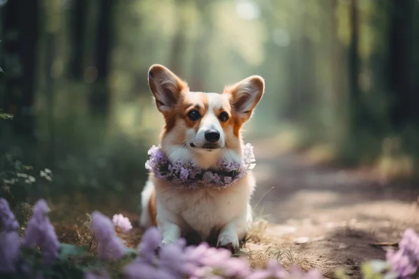 a dog with a flower collar sitting in the middle of a forest.