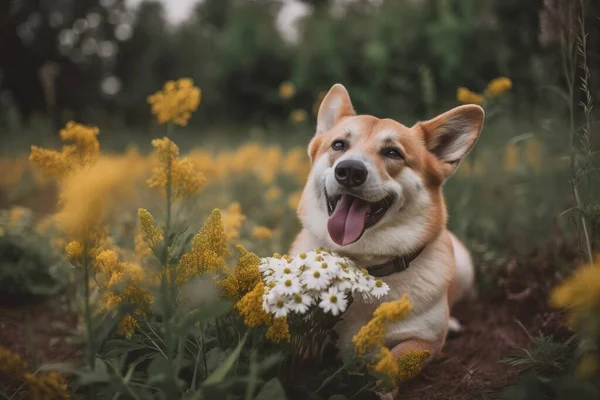 a dog is laying in a field of flowers and smiling.