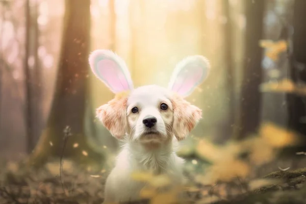 a dog with bunny ears in the woods looking at the camera.