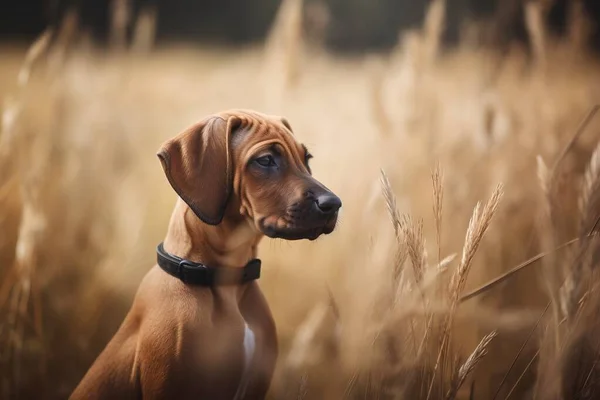 a brown dog sitting in a field of tall grass looking at the camera.