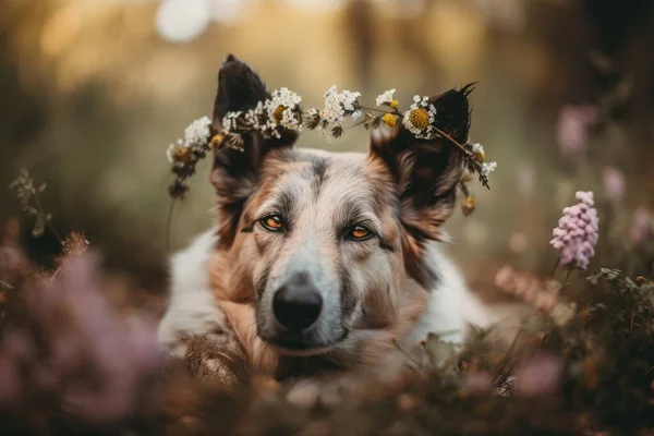 a dog with a flower crown on its head in a field.