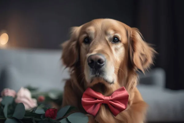 a dog with a red bow tie sitting on a table.