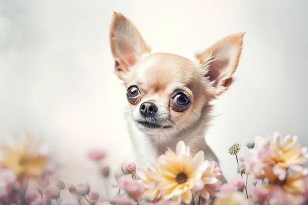 a small dog with big eyes standing in a field of flowers.