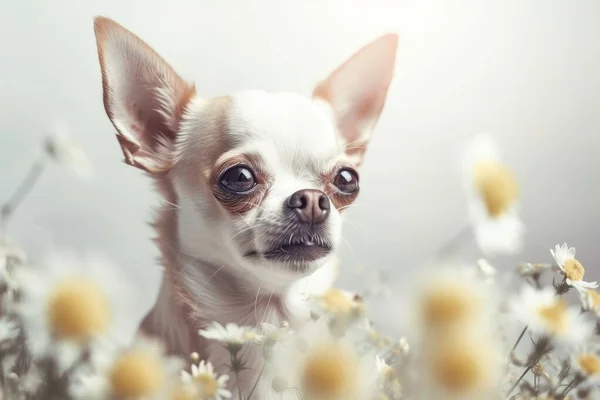 a small dog with big eyes standing in a field of daisies.