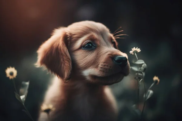 a puppy with a flower in its mouth is looking at the camera.