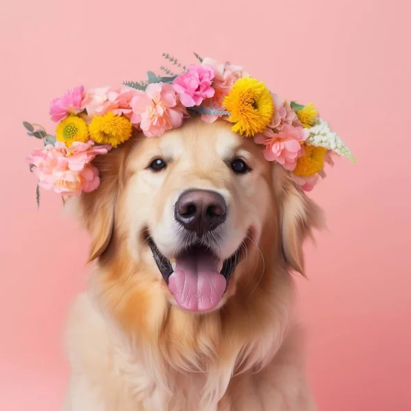 a dog with a flower crown on its head is smiling.