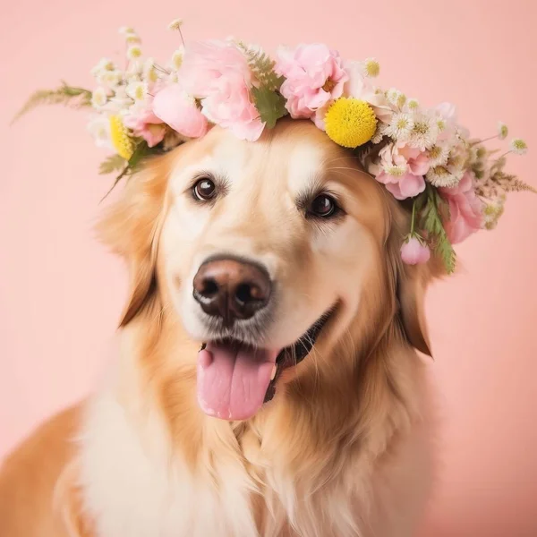 a dog with a flower crown on its head is smiling.