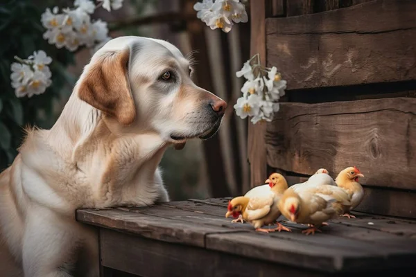 a dog is looking at a flock of birds on a table.