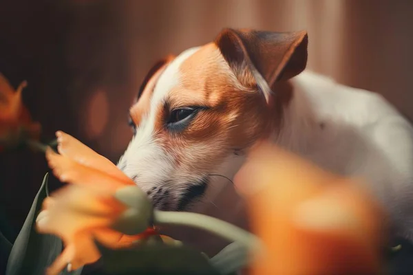 a small dog smelling a flower with its eyes closed and a blurry background.
