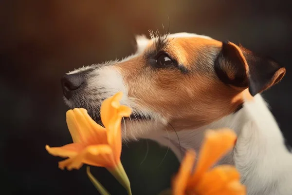 a brown and white dog smelling a flower with its eyes closed.