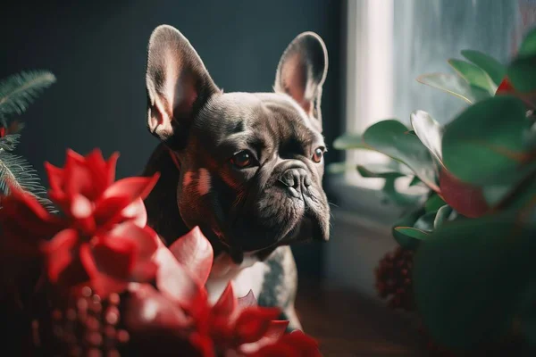 a small dog sitting next to a plant with red flowers.