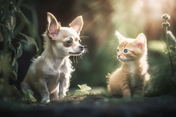 a small dog and a small cat standing in the grass.
