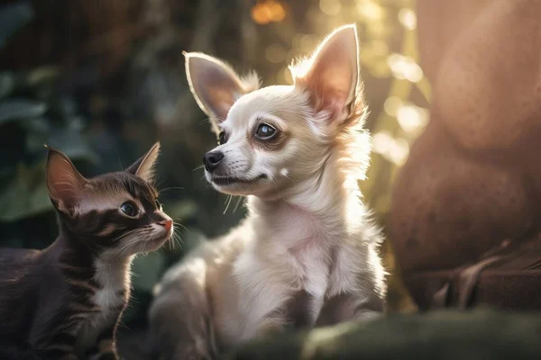a small dog and a small cat are sitting on the ground.
