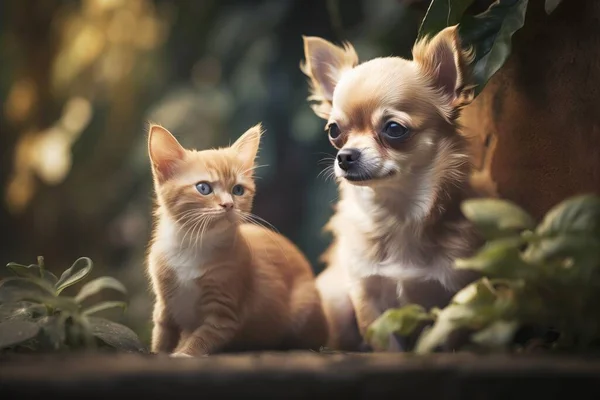 a small dog and a small cat standing next to each other.