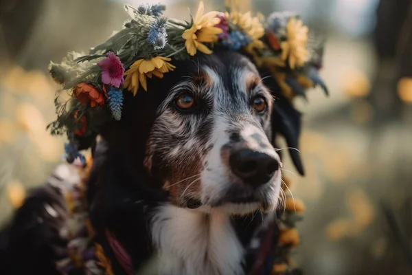 a dog with a flower crown on its head in a field.