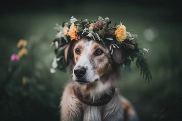 a dog with a flower crown on its head looking at the camera.