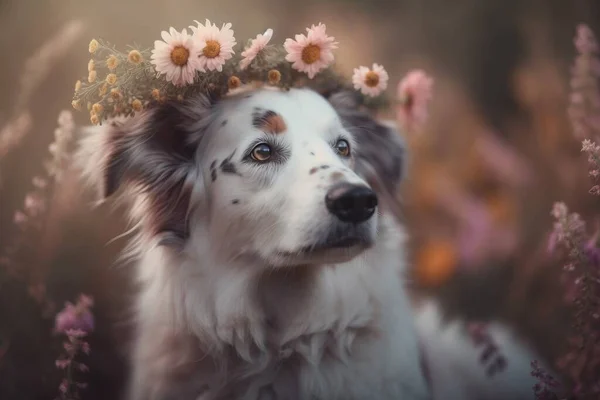 a dog with a flower crown on its head in a field of flowers.