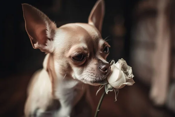 a small dog smelling a white rose on a wooden table.