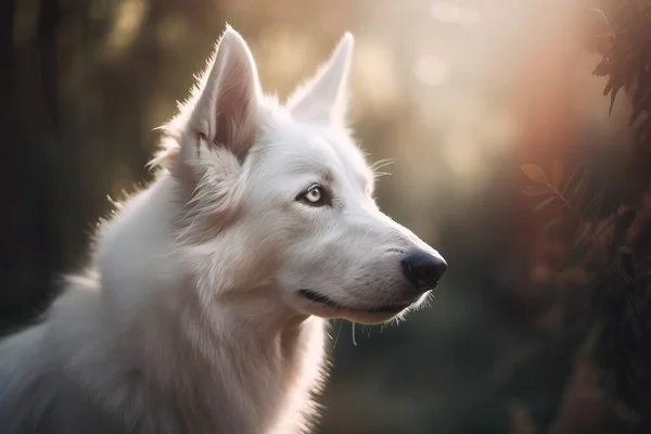 a white dog is looking at something in the distance with a blurry background.