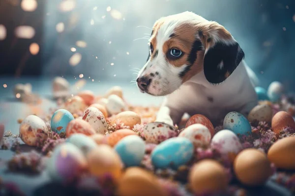 a dog sitting in a pile of eggs with a blue eyes.