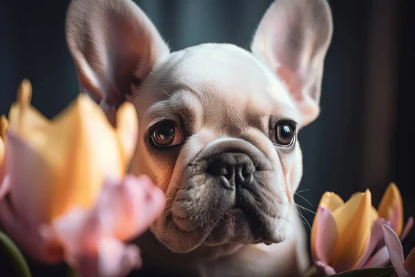 a close up of a dog with flowers in the background.