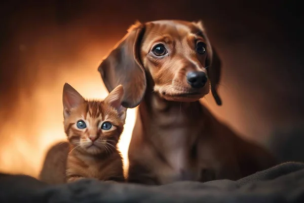 a cat and a dog sitting together on a bed in front of a fire place.