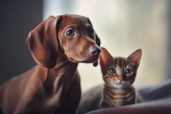 a cat and a dog are looking at the same person.