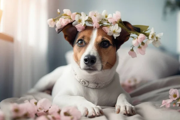 a dog with a flower crown on its head laying on a bed.