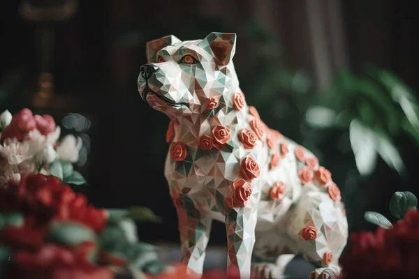 a dog made out of paper sitting in front of flowers.