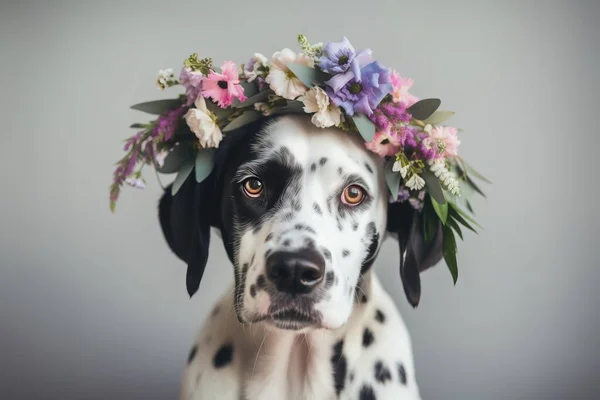 a dalmatian dog with a flower crown on its head.
