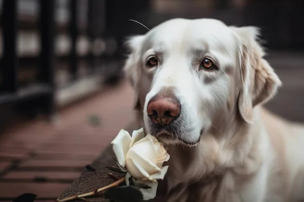 a white dog with a flower in its mouth looking at the camera.
