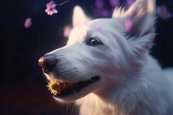 a white dog with a flower in its mouth looking at something.