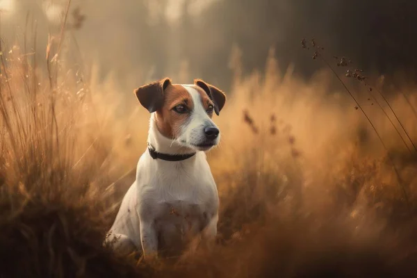 a brown and white dog sitting in a field of tall grass.